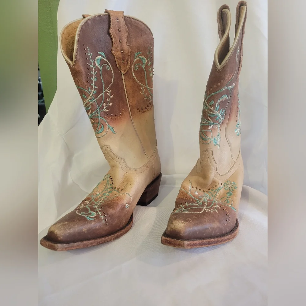 Sz8 Real Leather Embroidered Western Cowboy Boots - Picture 2 of 6